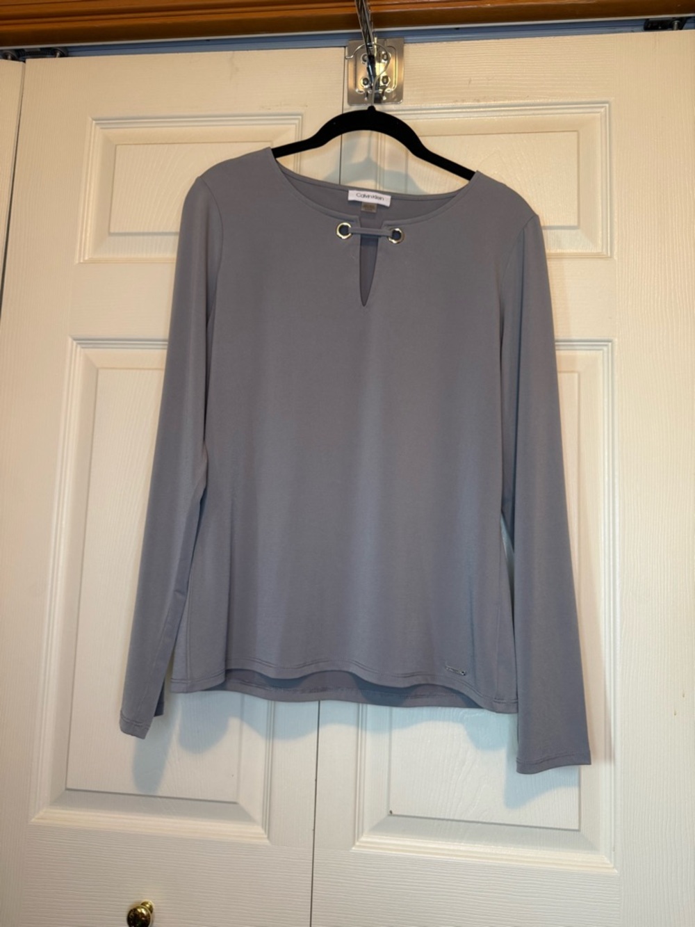 Calvin Klein Light Gray Long-Sleeve Keyhole Top with Grommet Detail